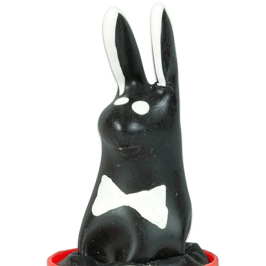Préservatif fantaisie noir en forme de lapin avec nœud papillon blanc, peint à la main, style bohème Amsterdam.