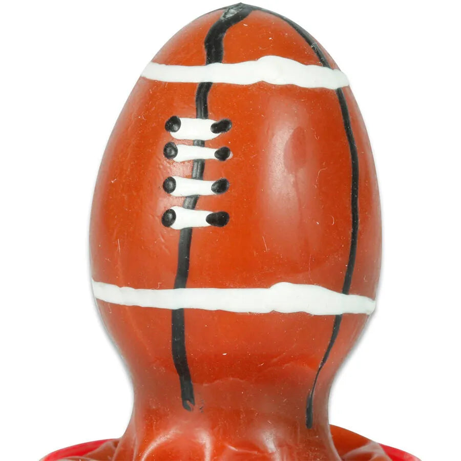 Préservatif fantaisie peint à la main en forme de ballon de rugby, couleurs vives, style bohème, artisanat unique.