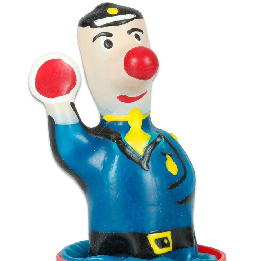Préservatif fantaisie peint à la main en forme de policier, uniforme bleu, détails rouges et jaunes, style bohème unique.