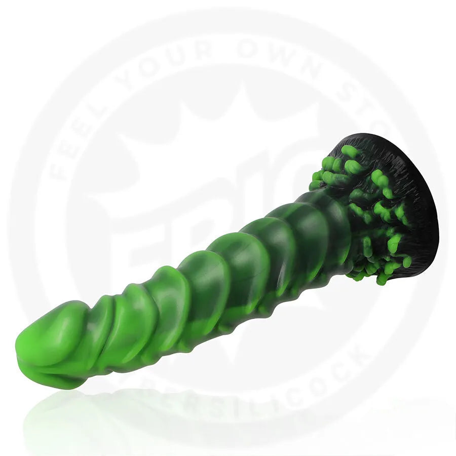Dildo Caelion Racine Vivante vert, design naturel, silicone médical, stimulation profonde, texture organique réaliste.