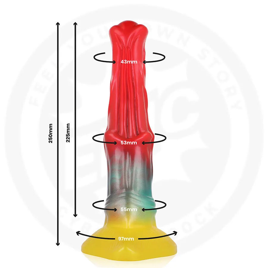Dildo Epic Aethon Glow multicolore en silicone, dégradés rouge-vert-jaune, design réaliste avec ventouse, 25 cm.