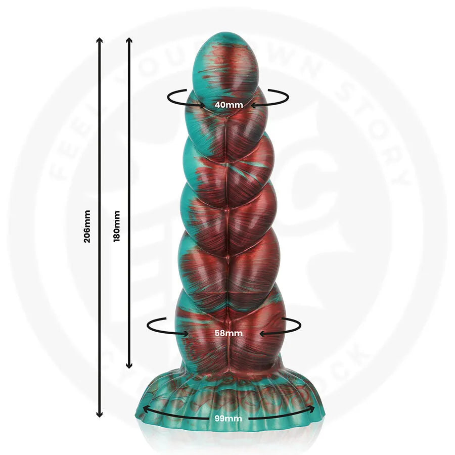 Gode silicone marbré turquoise bordeaux, segmenté, texturé, base évasée, ergonomique, 200mm, stimulation profonde.