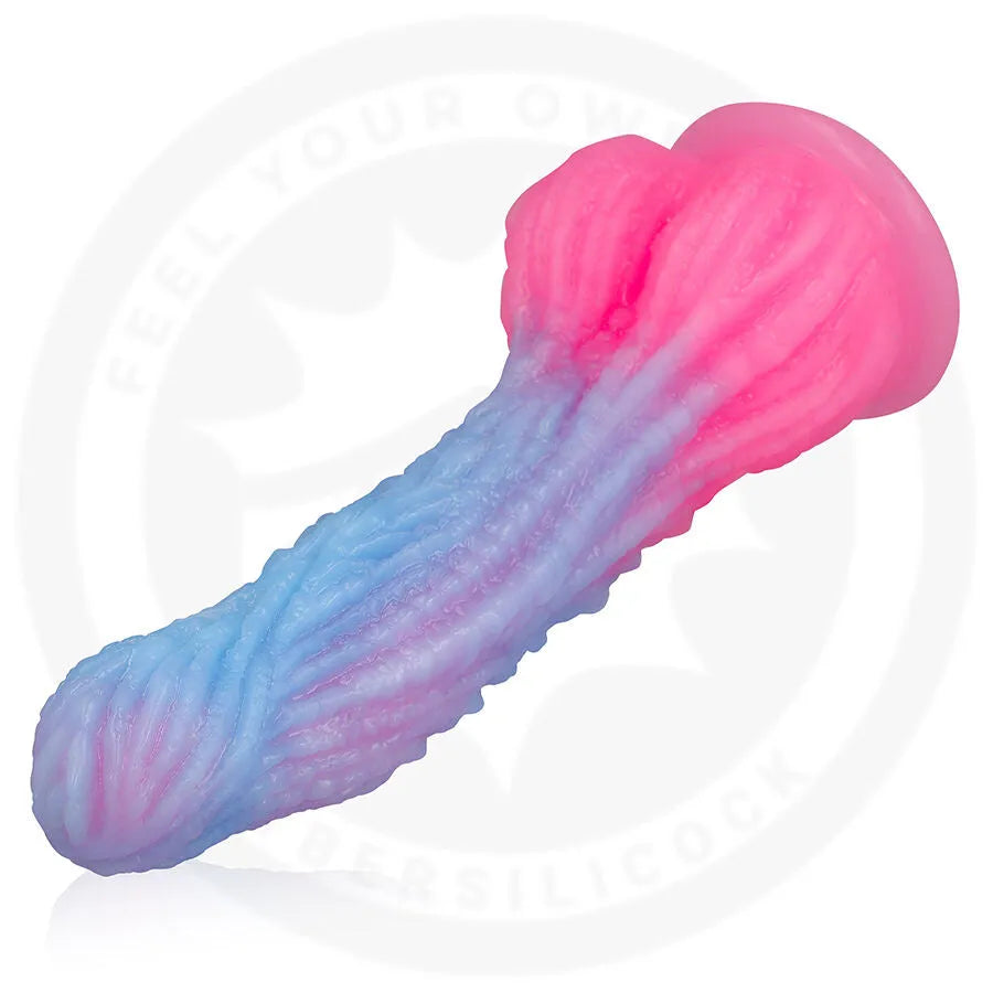Dildo Selara Dawn EPIC, silicone doux, dégradé rose-bleu, design ergonomique, 195mm hauteur, 135mm insérable.