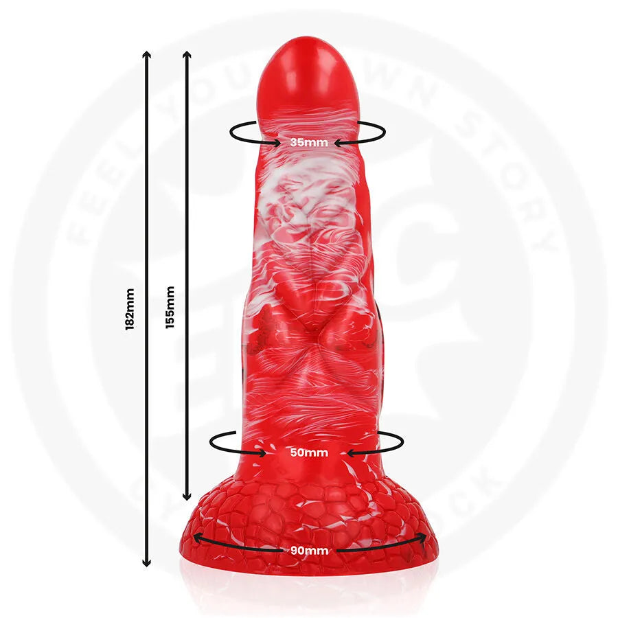 Dildo rouge Agnis Crimson Fire, design enveloppant, silicone épais, texture flamme, dimensions visibles, étanche.