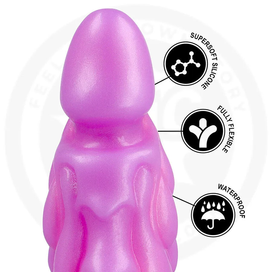 Dildo rose Galatea Lunar Glow en silicone, design mythologique ondulé, texture variée pour stimulation intense.