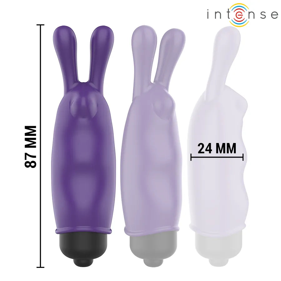 Balle vibrante violette, forme cylindrique, oreilles de lapin, silicone doux, stimulation clitoridienne précise et intense.