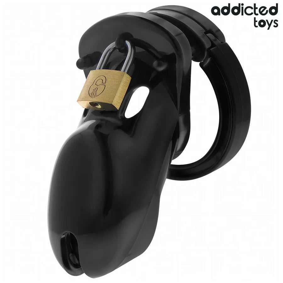 Cage de chasteté noire ergonomique pour homme avec verrouillage métallique, anneaux ajustables pour confort et sécurité.