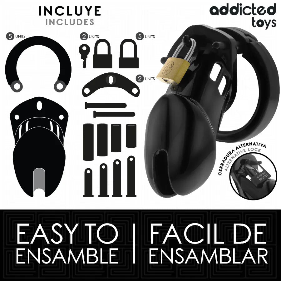 Cage de chasteté pénis noire en acier inoxydable, ergonomique, ajustable, avec système de verrouillage et ventilation.