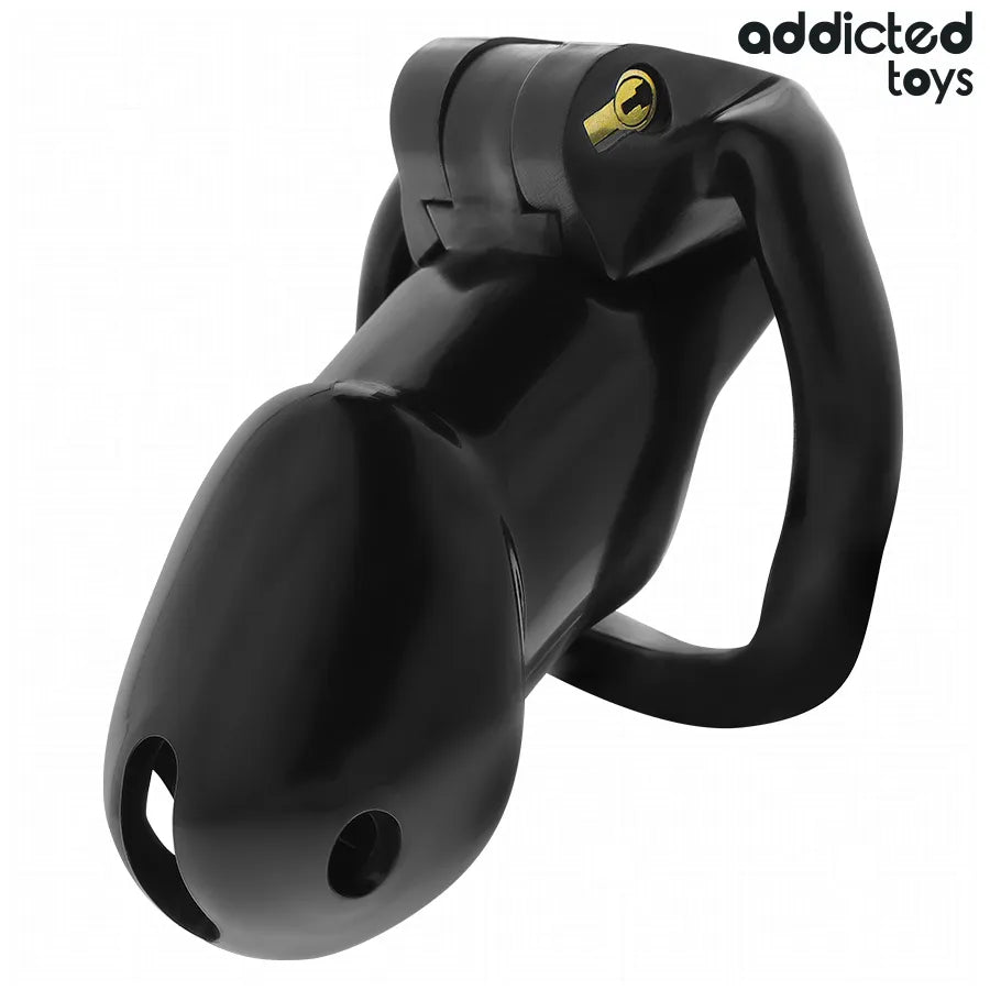 Cage de chasteté noire Addicted Toys, anneaux ajustables, serrure intégrée, ergonomique et robuste pour domination.