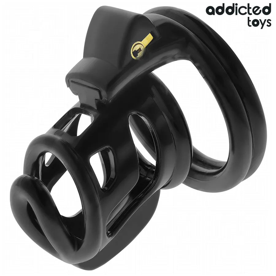 Cage de chasteté métal noir Addicted Toys, taille M, robuste, serrure sécurisée, design ergonomique pour confort prolongé.