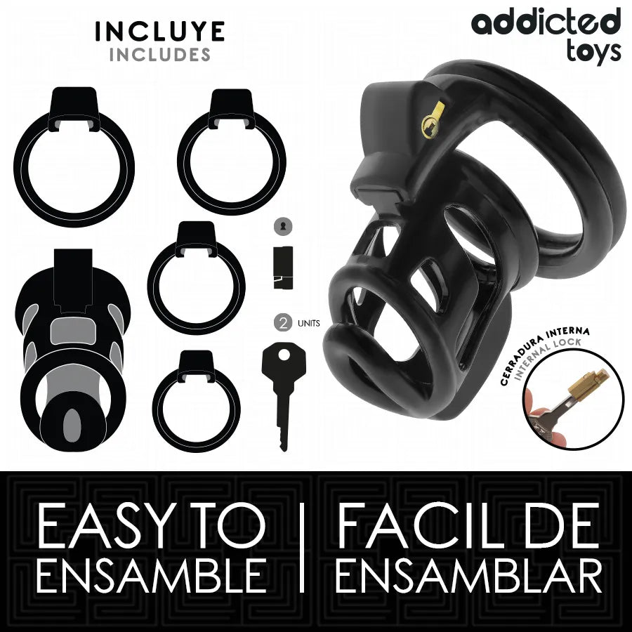 Cage de chasteté en métal noir Addicted Toys, taille M, avec serrure et clés, design robuste et confortable.