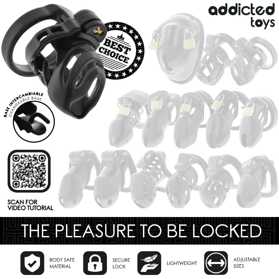 Cage de chasteté noire avec dilatateur urétral, verrouillage sécurisé, quatre anneaux ajustables, matériaux robustes.