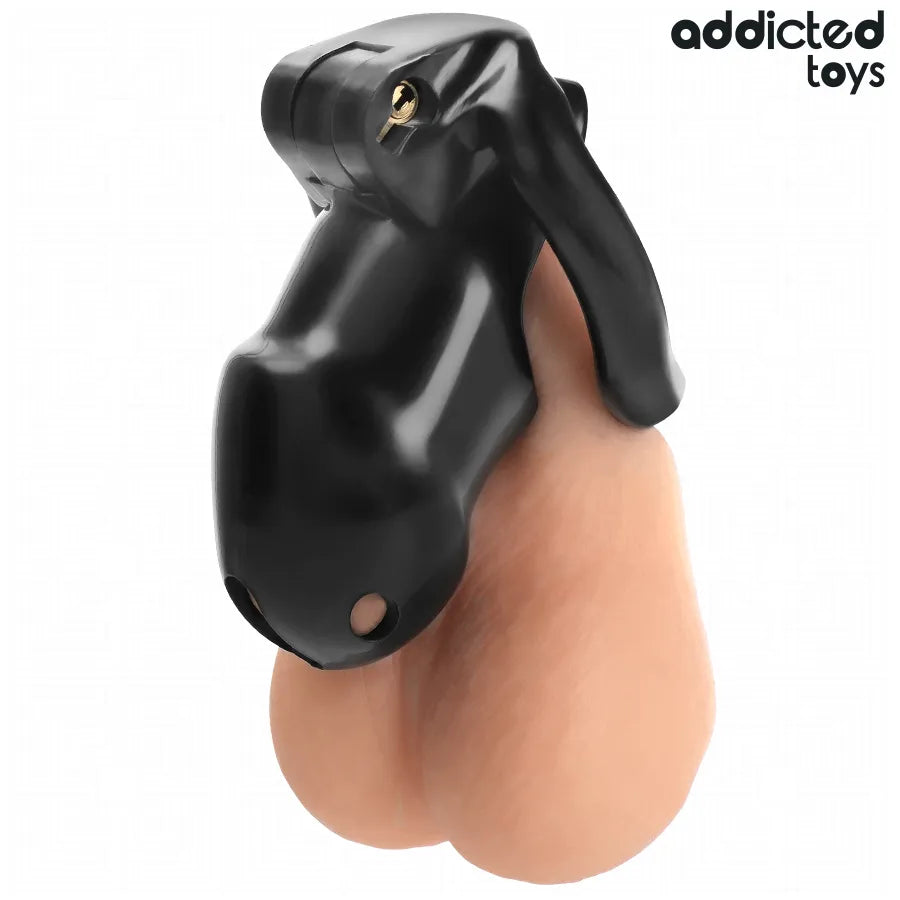 Cage de chasteté noire ergonomique, matériaux solides, serrure intérieure, anneaux interchangeables pour confort et sécurité.