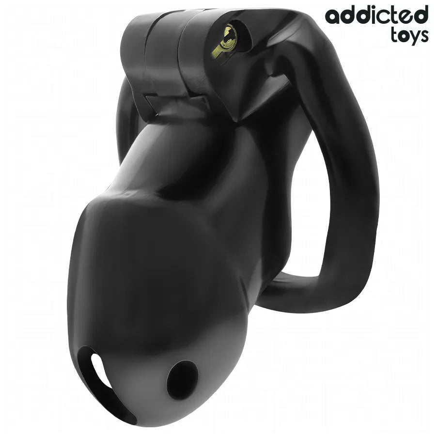 Cage de chasteté noire ergonomique, matériaux durables, serrure intégrée, anneaux interchangeables, confort optimal.