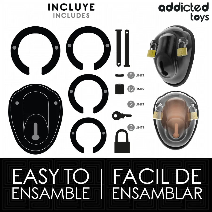 Cage de chasteté noire ergonomique avec verrouillage sécurisé, design coquille, matériaux sûrs pour jeux BDSM.