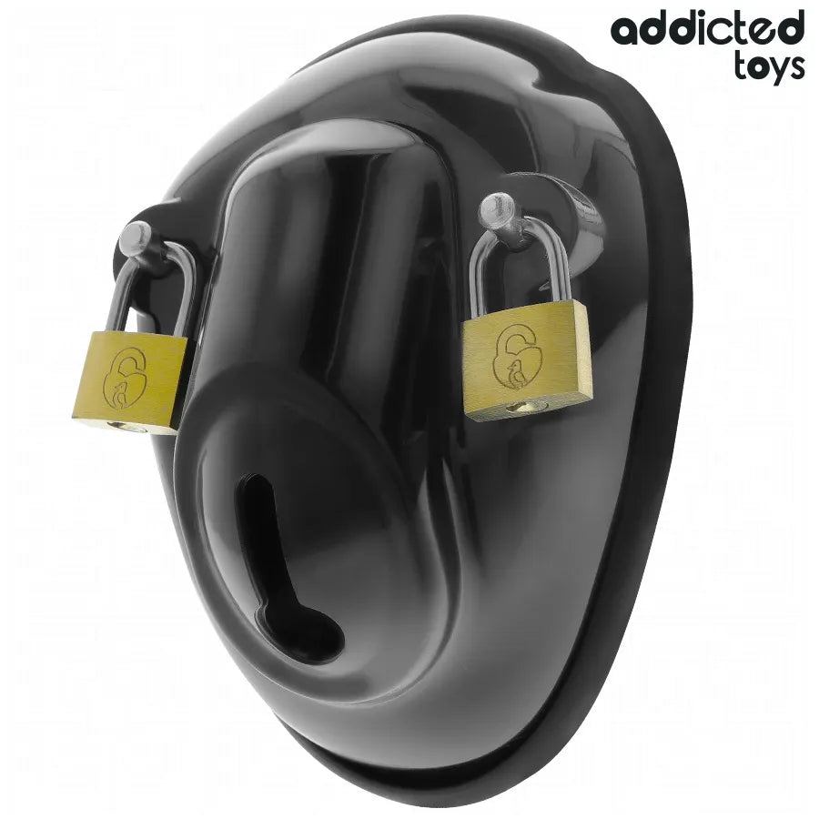 Cage de chasteté noire ergonomique avec double verrouillage, matériaux sûrs, pour jeux BDSM et port prolongé sécurisé.