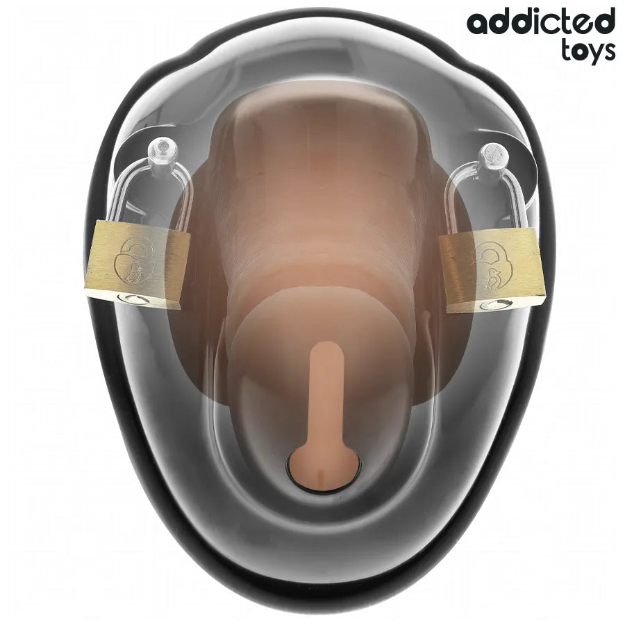 Cage de chasteté ergonomique noire avec double verrouillage, design sécurisé pour jeux BDSM, matériaux sûrs et confortables.