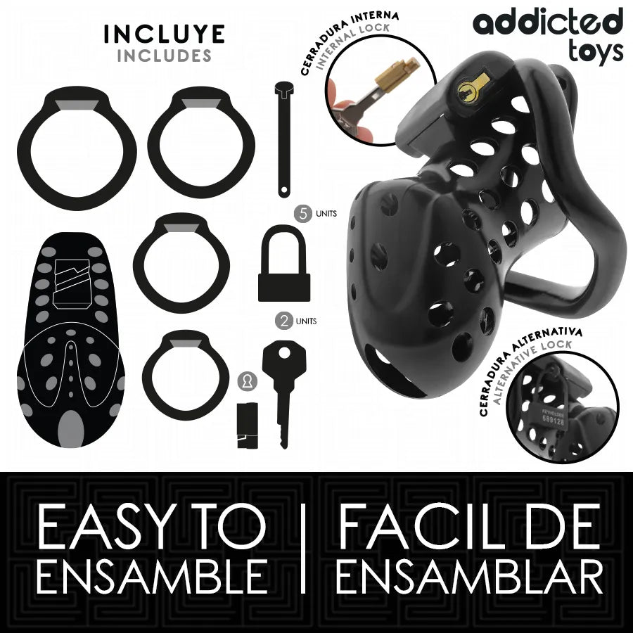 Cage de chasteté noire ergonomique avec anneaux ajustables, cadenas et clés, design respirant pour confort et sécurité.