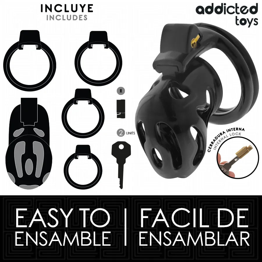 Cage de chasteté noire ajustable en inox, design ergonomique avec anneaux interchangeables et verrouillage sécurisé.