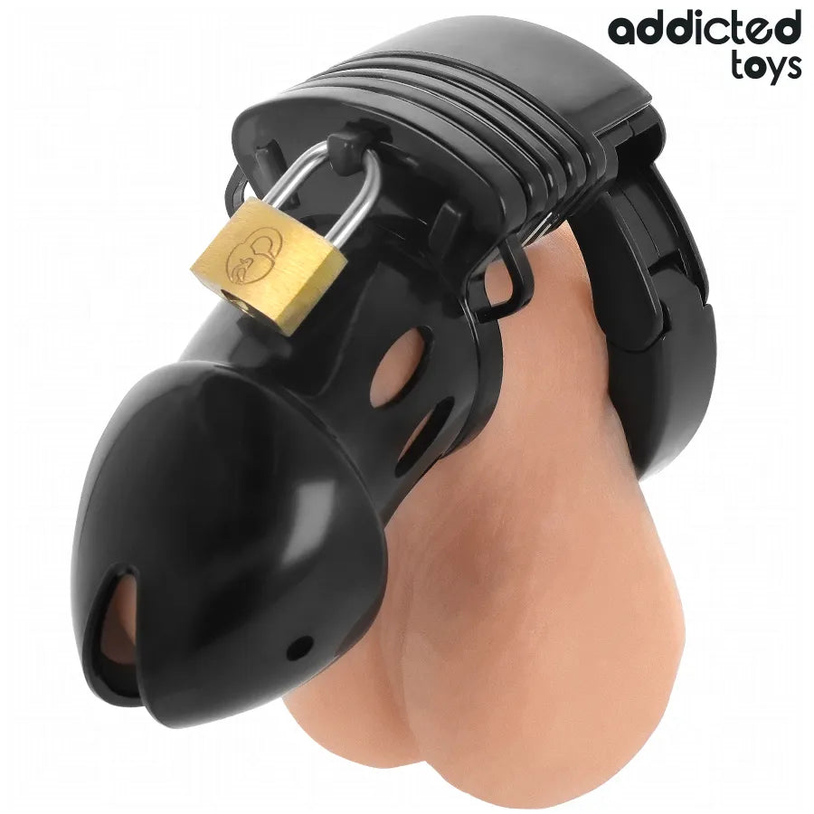 Cage de chasteté noire ajustable avec cadenas, design ergonomique pour confort et sécurité, idéale débutants et experts.