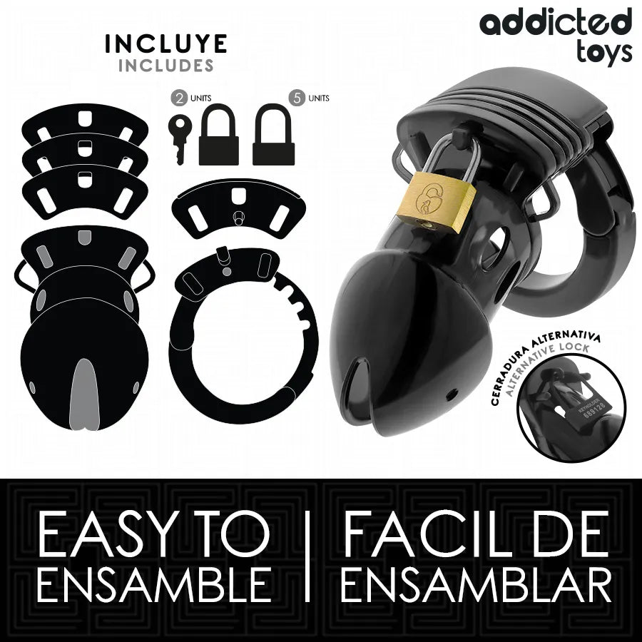 Cage de chasteté noire ajustable avec anneaux réglables, cadenas discret, pour confort et sécurité, par Addicted Toys.