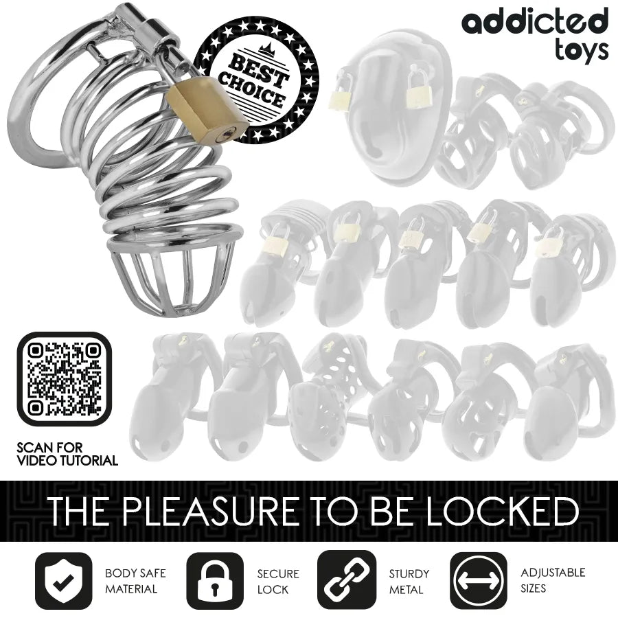 Cage de chasteté en métal argenté, design ergonomique, anneau pubien 45mm, serrure sécurisée, marque Addicted Toys.