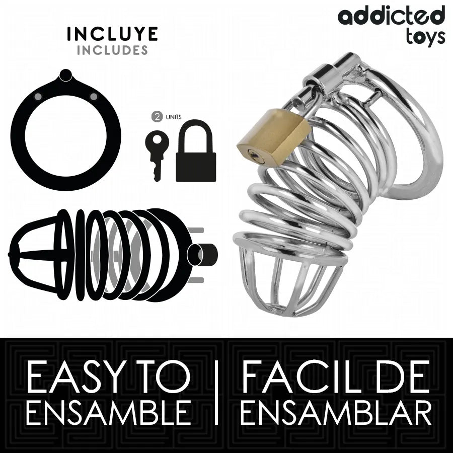 Cage de chasteté en métal argenté, design ergonomique, anneau pubien 45mm, avec cadenas et clés pour sécurité optimale.