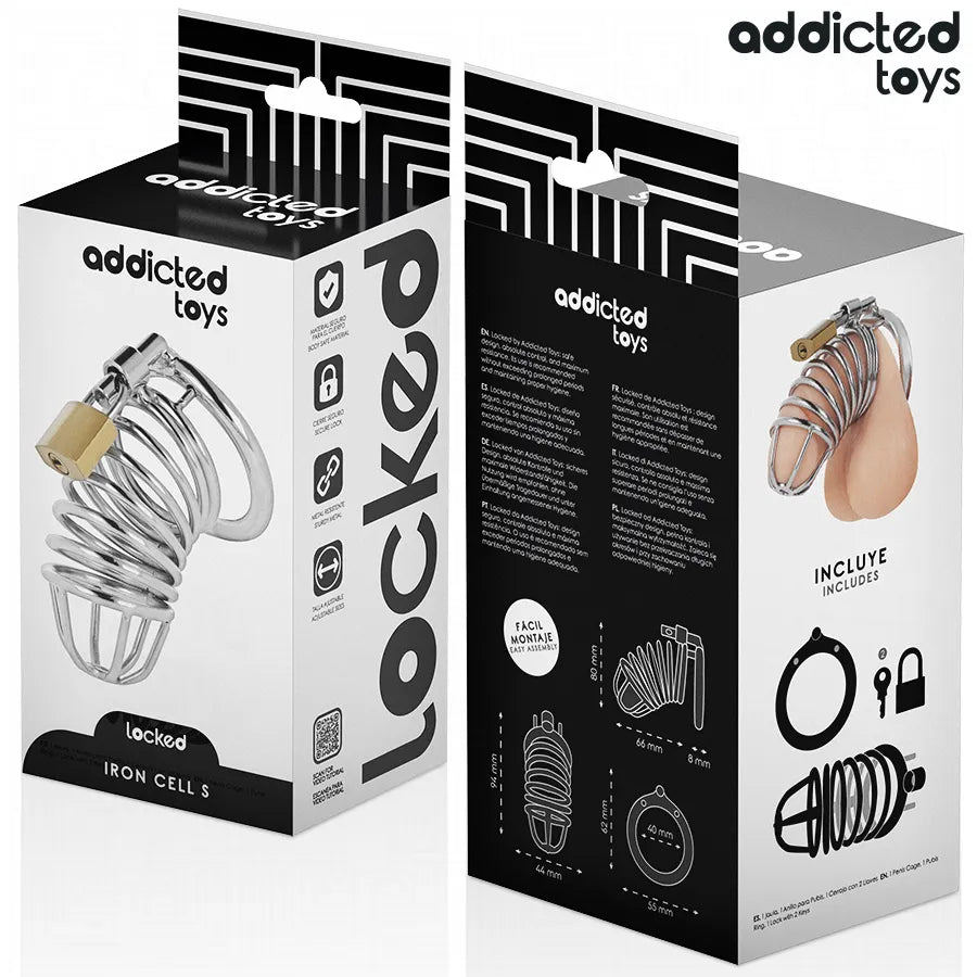 Cage de chasteté en métal argenté, design ergonomique, anneau pubien 45mm, sécurité et confort, marque Addicted Toys.