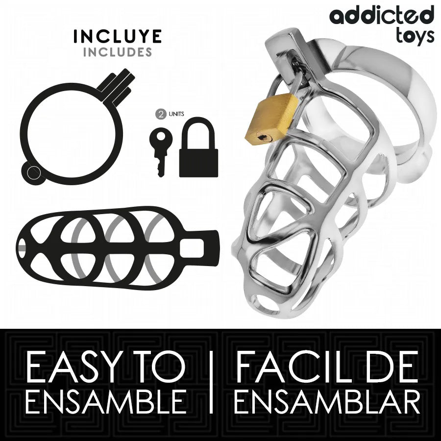 Cage de chasteté en métal argenté robuste avec anneau ajustable, cadenas doré, design élégant et sécurisé.