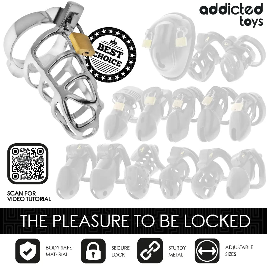 Cage de chasteté en métal argenté robuste, élégante, avec anneau ajustable et serrure sécurisée, par Addicted Toys.