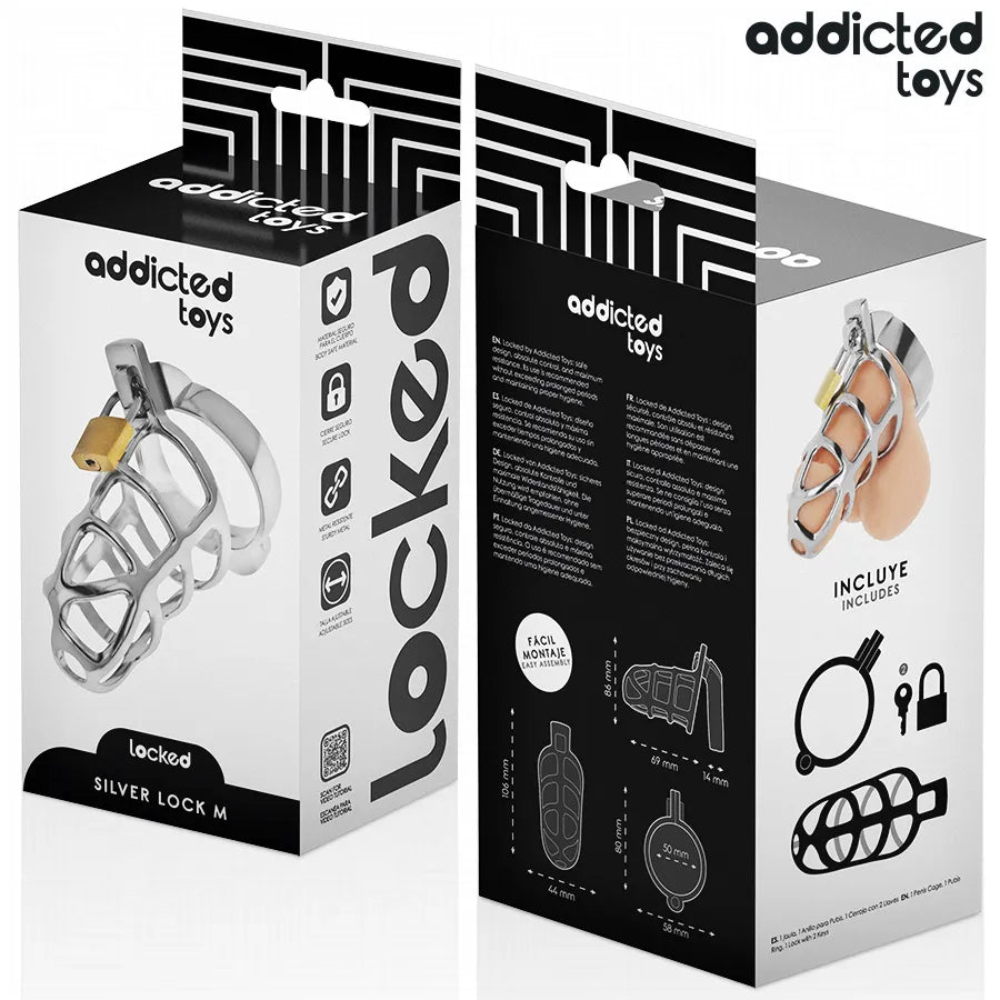 Cage de chasteté métal argentée Addicted Toys, robuste, élégante, anneau ajustable, sécurité et confort, exploration.