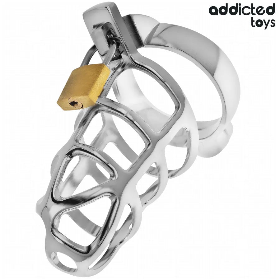 Cage de chasteté en métal argenté, design élégant et robuste, avec anneau ajustable et cadenas doré pour sécurité optimale.