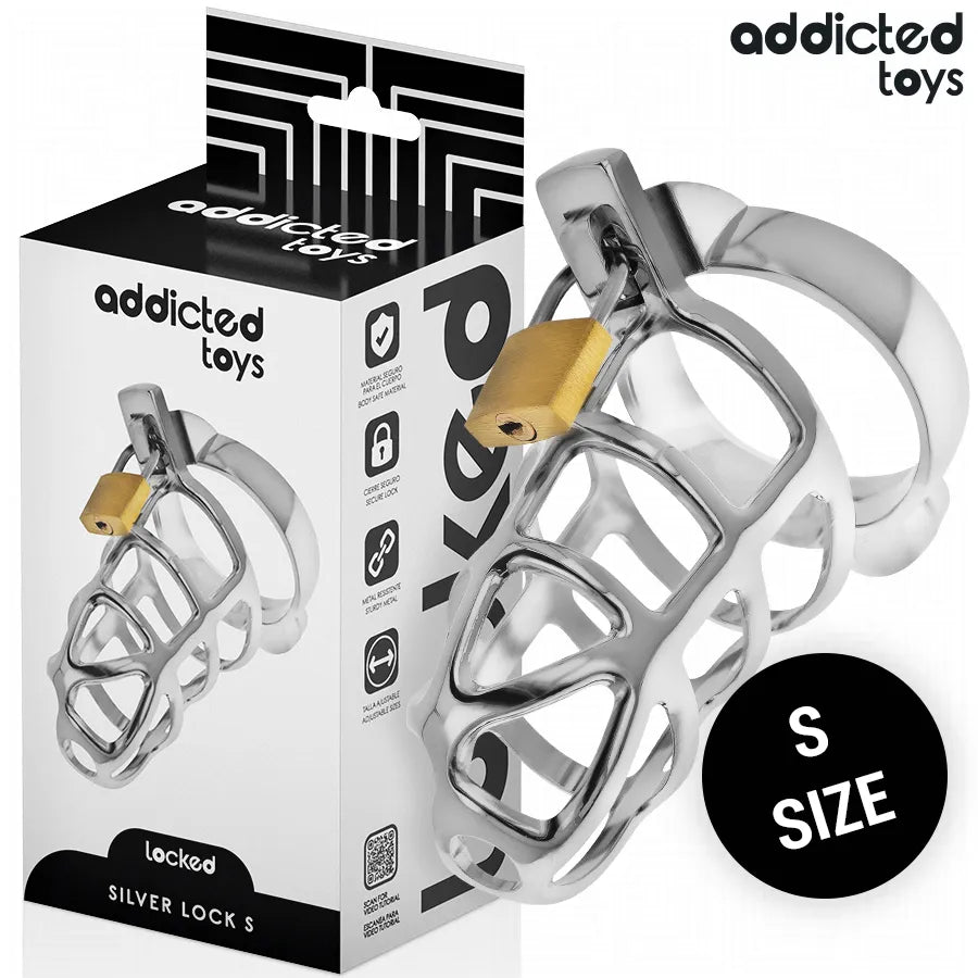 Cage de chasteté en métal argenté Addicted Toys, design élégant et robuste, avec anneau ajustable et cadenas doré.