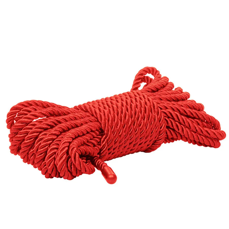 Corde bondage shibari rouge 10m, texture douce, idéale pour BDSM, débutants et experts, coton polyester résistant.