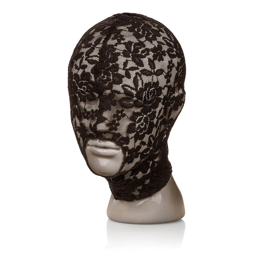 cagoule dentelle noire bondage fétichisme sensuelle mystérieuse légère aérée respirante bouche ouverte polyester douce élégante taille unique confortable