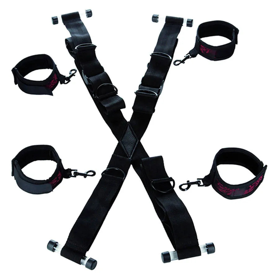 croix bondage porte suspendue menottes rouges noires velcro ajustables polyester robuste durable installation facile sécurité confort