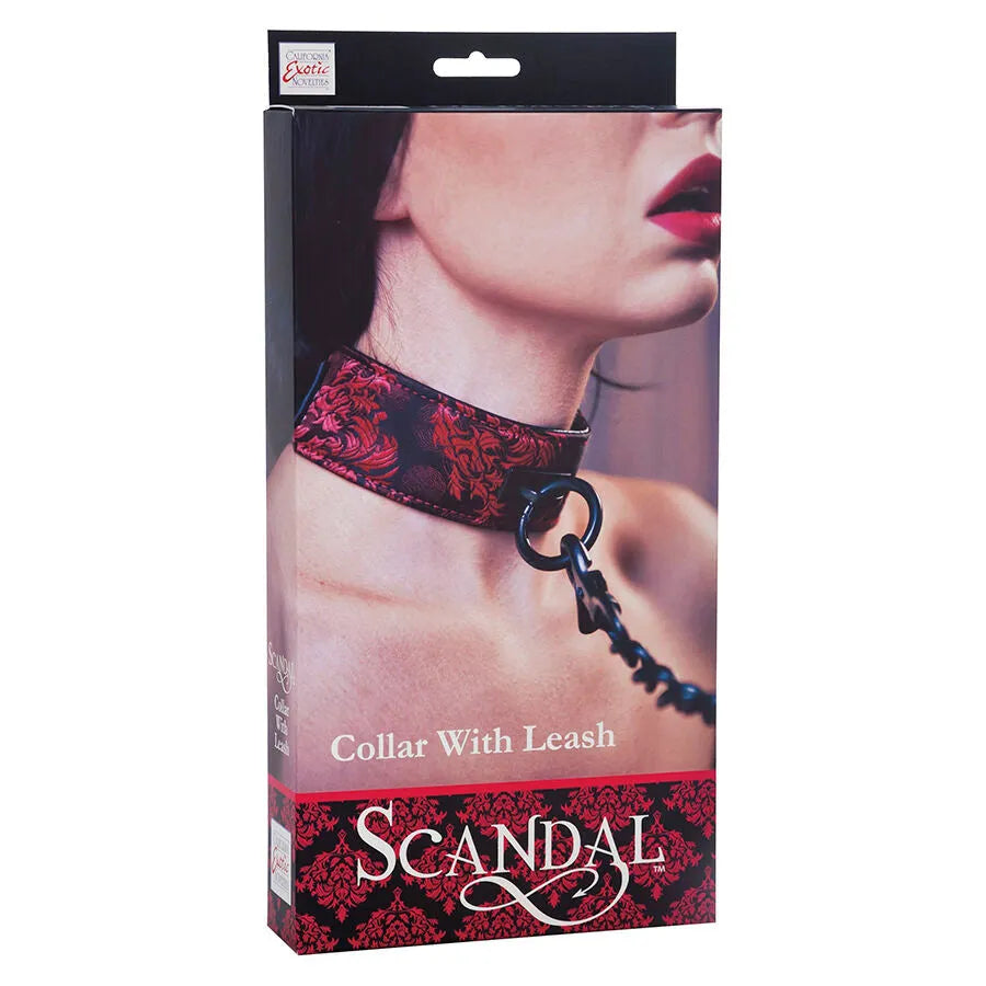 Collier laisse brocart rouge noir luxueux, intérieur moelleux, chaîne métallique amovible, élégant et sensuel.
