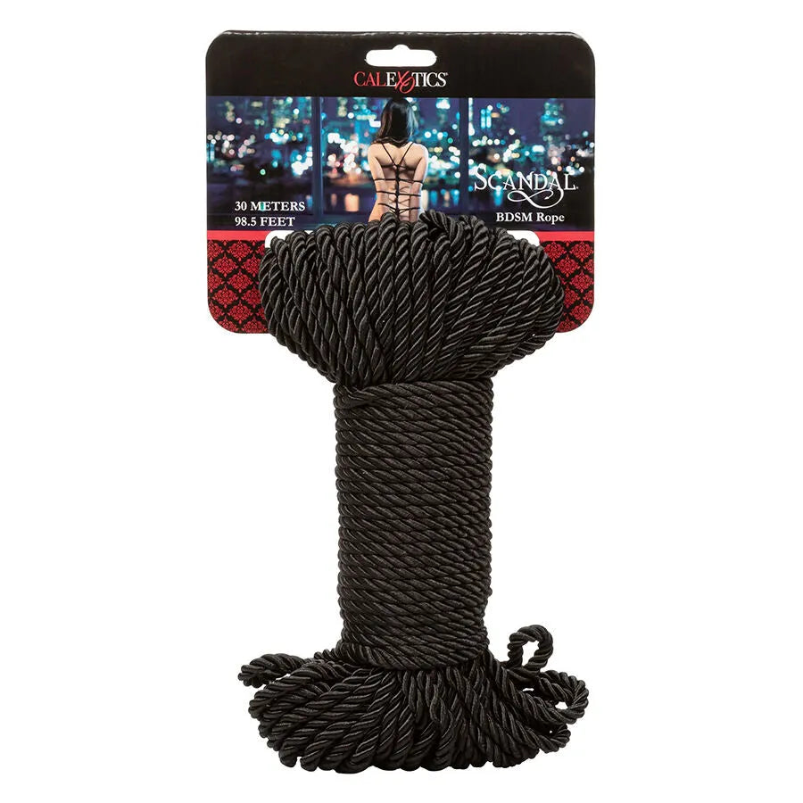 Corde Shibari noire 30m douce et soyeuse, idéale pour bondage BDSM, texture élégante et sécurisante, coton polyester.