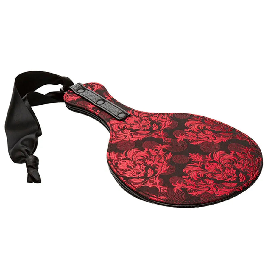 Palette ronde double en similicuir brocart rouge et noir, accessoire érotique fétichiste pour jeux sensuels.