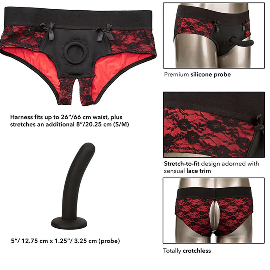 Ensemble culotte ouvert rouge et noir en dentelle avec harnais silicone et sonde profilée, taille ajustable S/M.