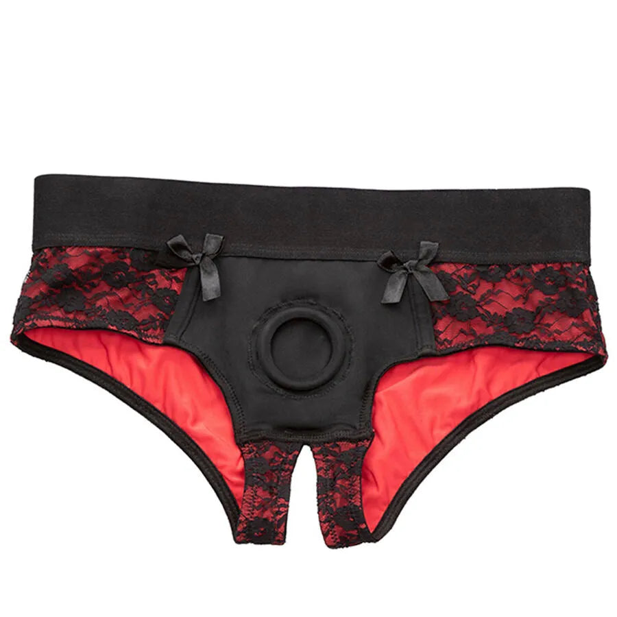 Culottes harnais Scandal en dentelle noire et rouge, entrejambe ouvert, ceinture élastique, taille L/XL, sonde silicone.