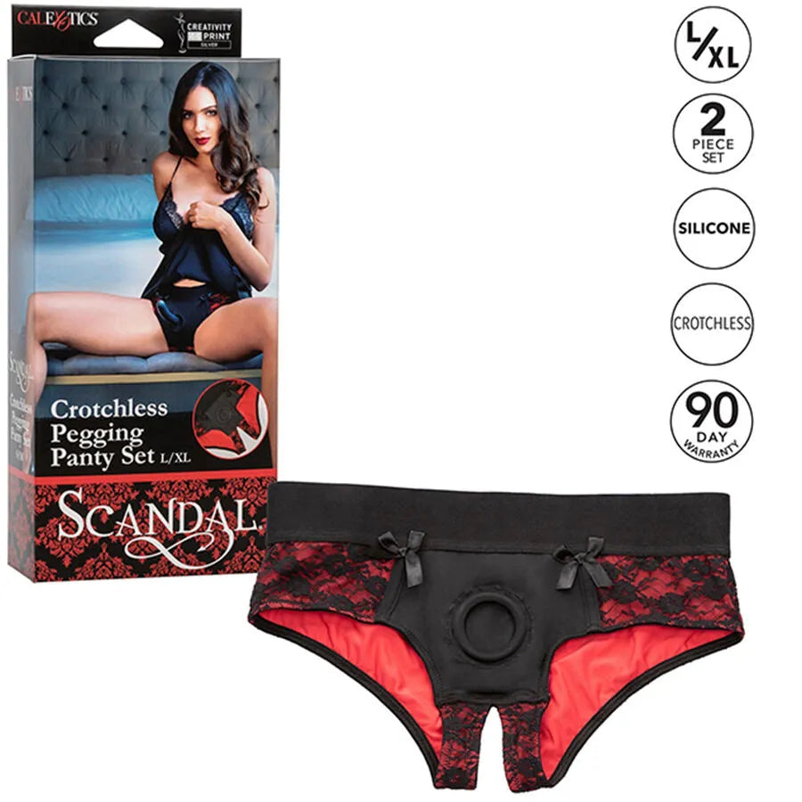 Culottes harnais Scandal noires et rouges, dentelle, entrejambe ouvert, sonde silicone 5 pouces, taille L/XL, boîte incluse.
