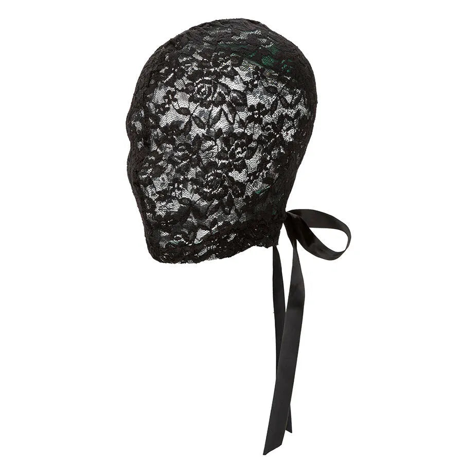 cagoule dentelle noire lacets corset sensuelle jeux rôle adulte respirante ajustable extensible confortable élégante œillets cuivre durable hypoallergénique