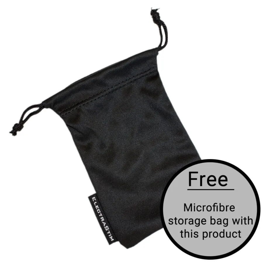 Anneaux péniens ElectraStim en métal argenté, pack de 5 tailles, avec pochette de rangement en microfibre noire.