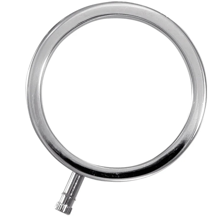 Anneau pénien électro en aluminium argenté, solide et ajustable, avec connexion unipolaire 2mm pour électrostimulation.