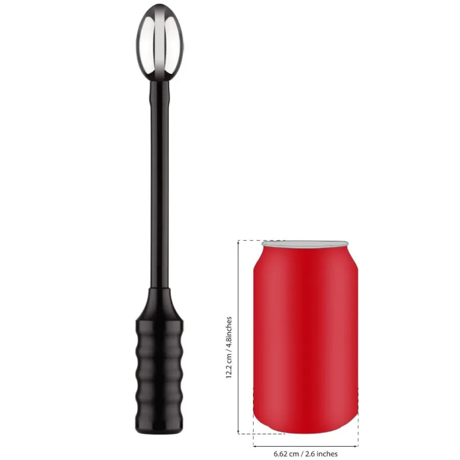 Sonde électrique noire avec poignée flexible et tête lisse argentée, idéale pour stimulation anale et vaginale.