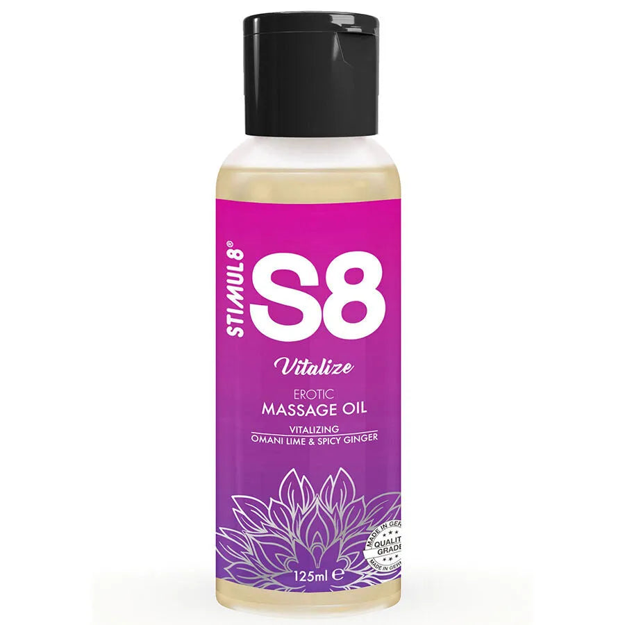 huile massage S8 vitalisante citron vert gingembre hydratante revitalisante jojoba amande douce sésame hypoallergénique sans parabène gluten dermatologique 125ml