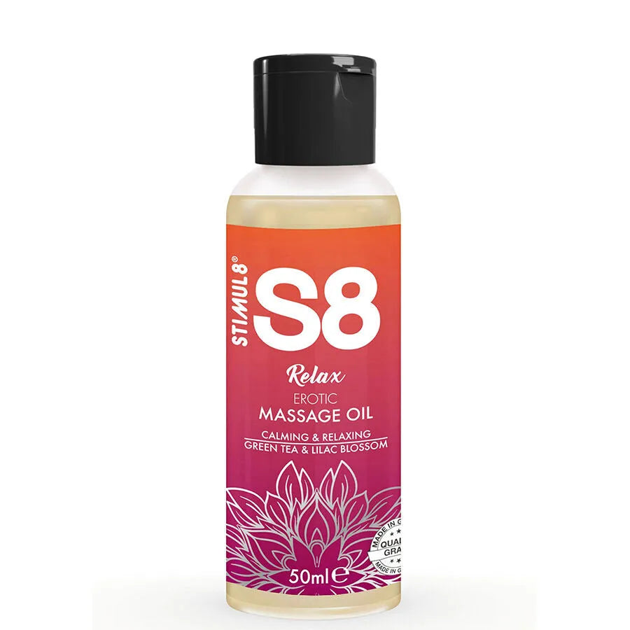 Flacon d'huile de massage S8, 50ml, dégradé orange-rose, bouchon noir, motifs floraux, pour détente et soin de la peau.