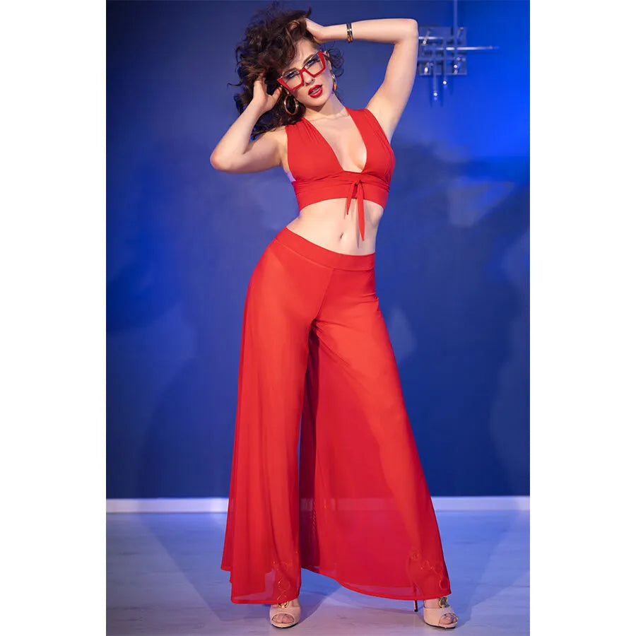 Ensemble CHILIROSE rouge: haut nouable, pantalon large transparent, élégant et sensuel, tissu léger, tailles S à XL.