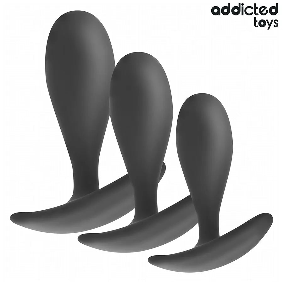 Ensemble de 3 plugs anaux noirs en silicone médical, tailles progressives, base ancre pour confort et sécurité.